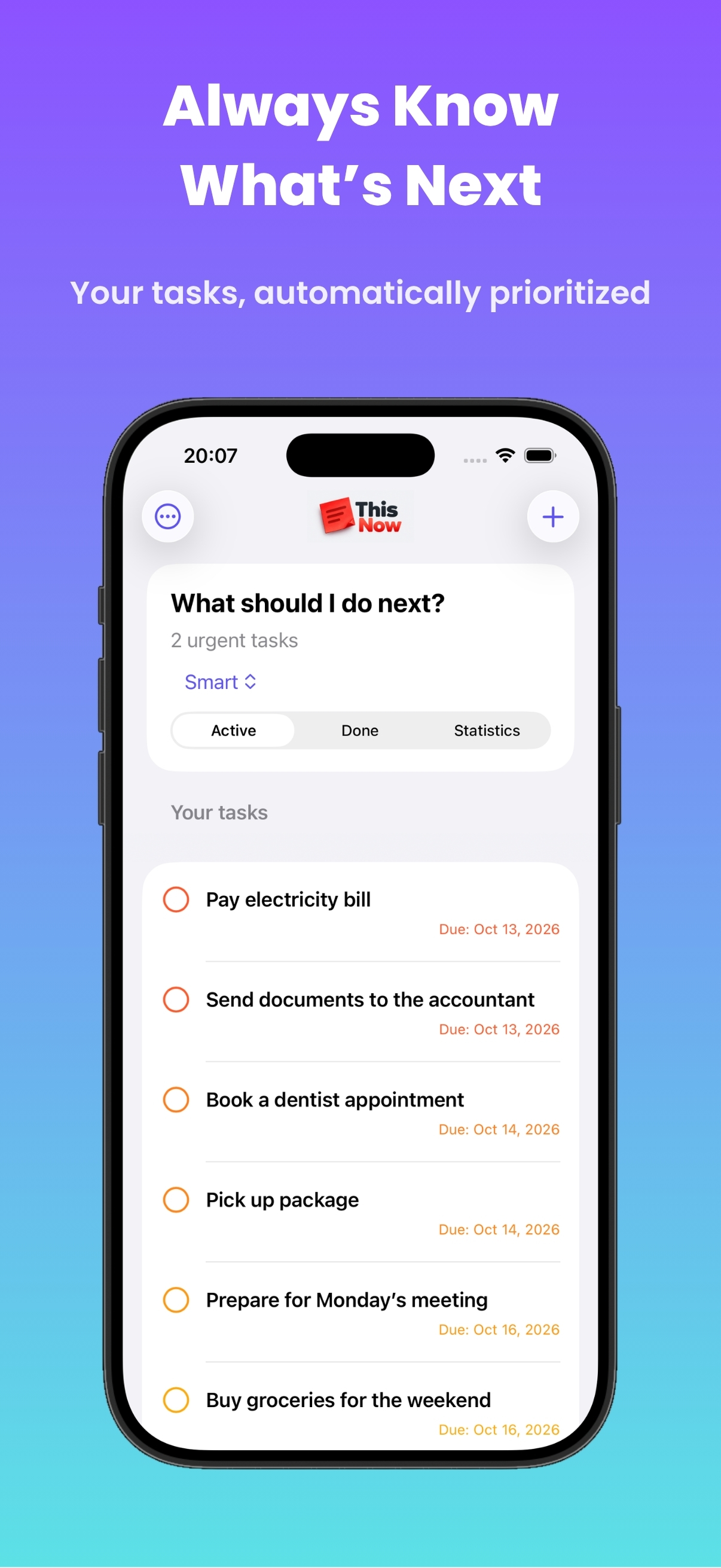 This Now task list with automatic smart sorting and colored priority circles